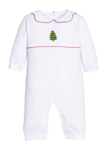 Little English traditional children's clothing.  White pima cotton playsuit with red picot trim, scalloped collar, and crochet christmas tree at center chest