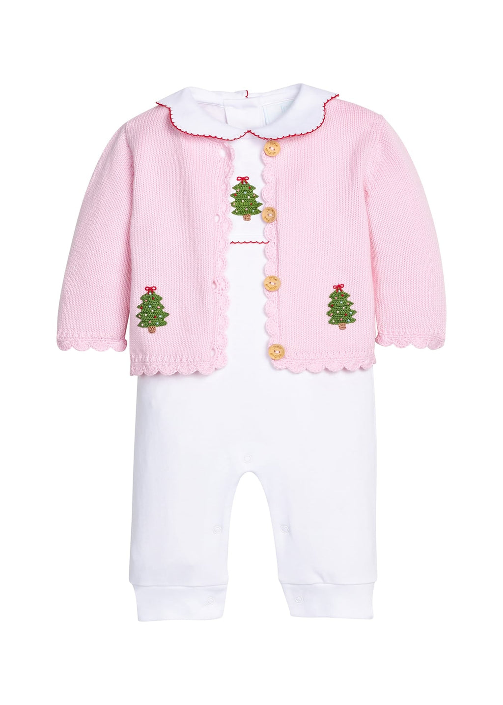 Little English traditional children's clothing.  Light pink cotton cardigan with crocheted christmas trees on either side and in back for baby girls. Layered over white pima cotton playsuit with red picot trim, scalloped collar, and crochet christmas tree at center chest