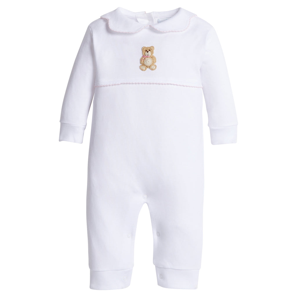 little english classic children's clothing girls white playsuit with crochet teddy bear and pink details 