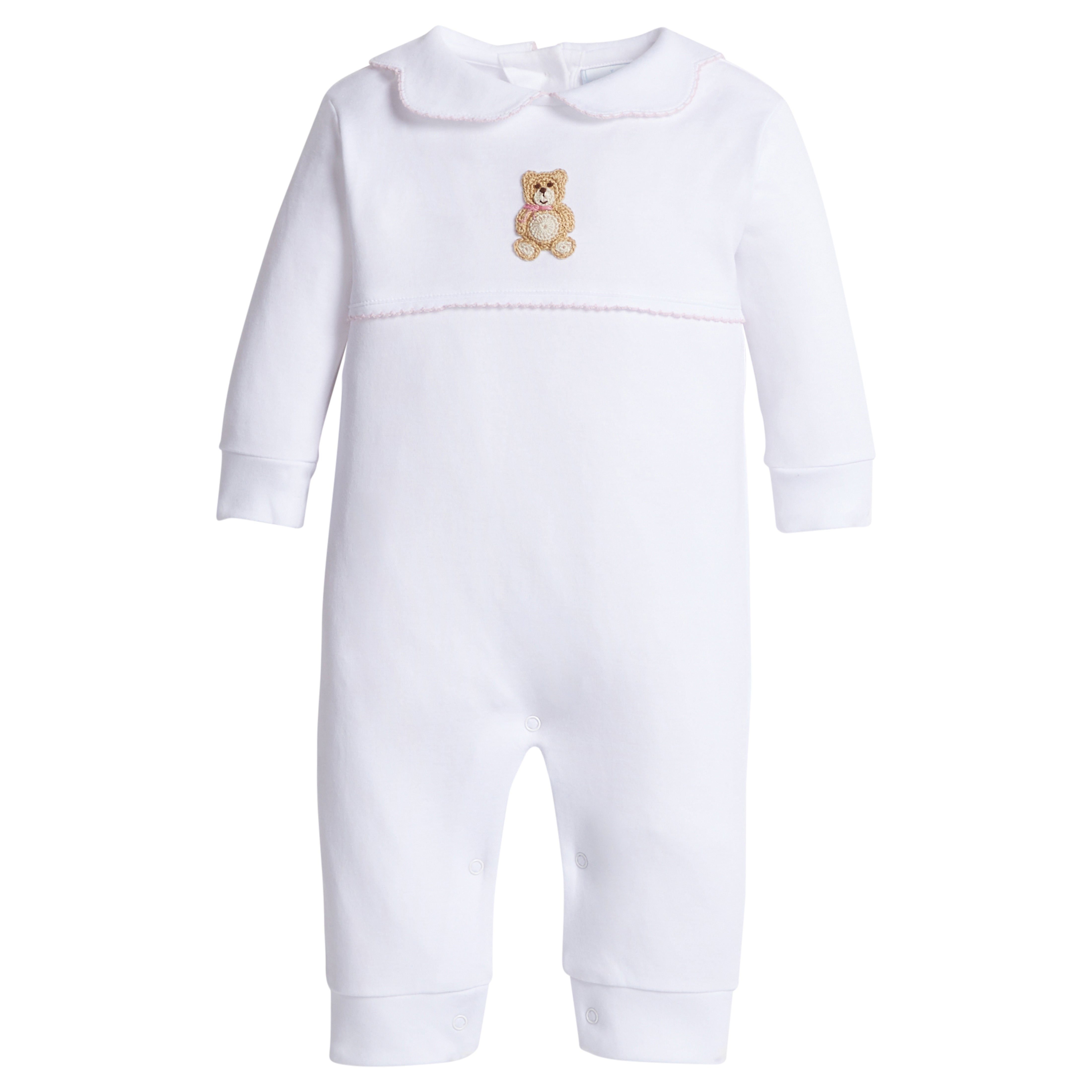 little english classic children's clothing girls white playsuit with crochet teddy bear and pink details 