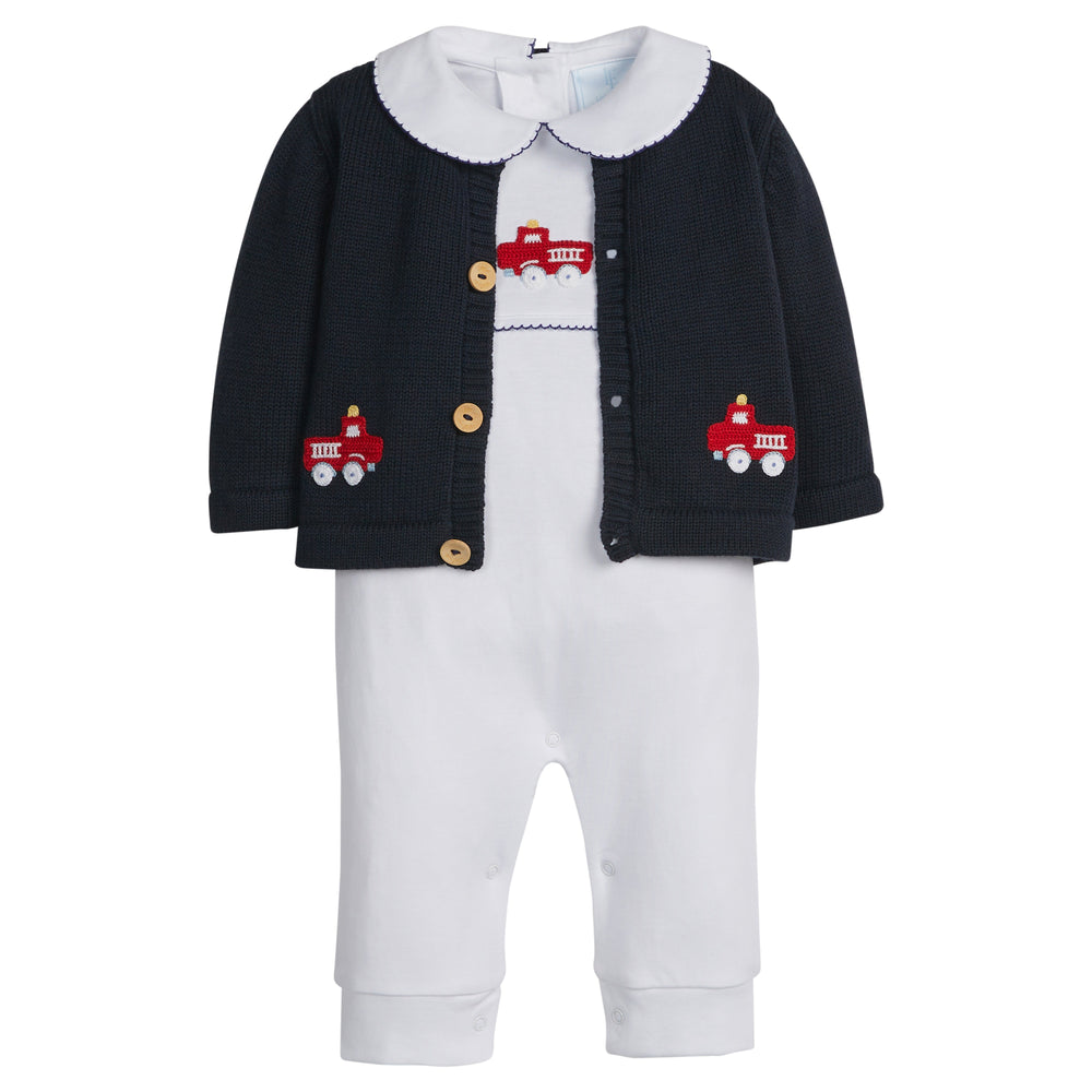 little english classic children's clothing boys white playsuit with red crochet firetruck and navy picot trim 