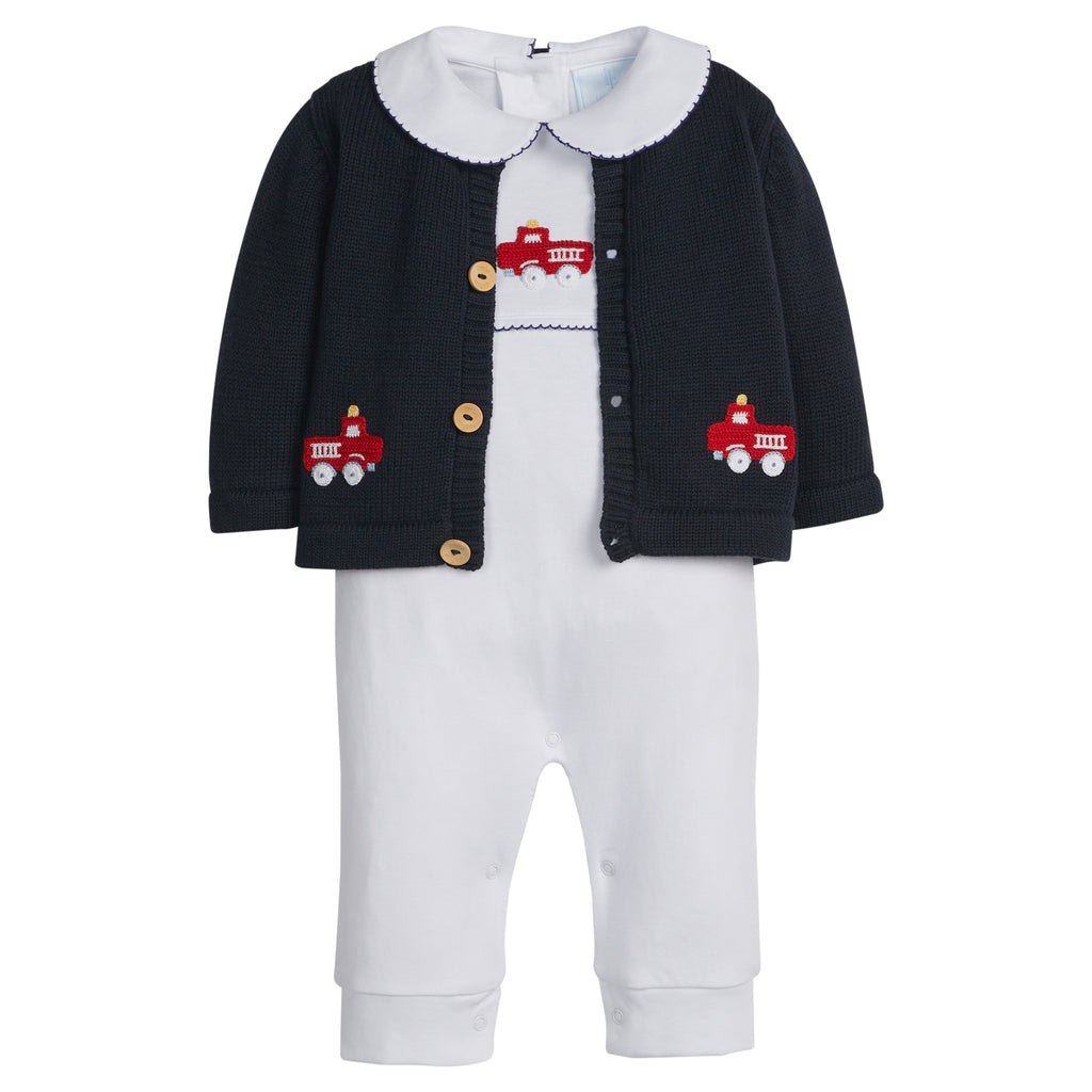 little english classic children's clothing boys white playsuit with red crochet firetruck and navy picot trim 