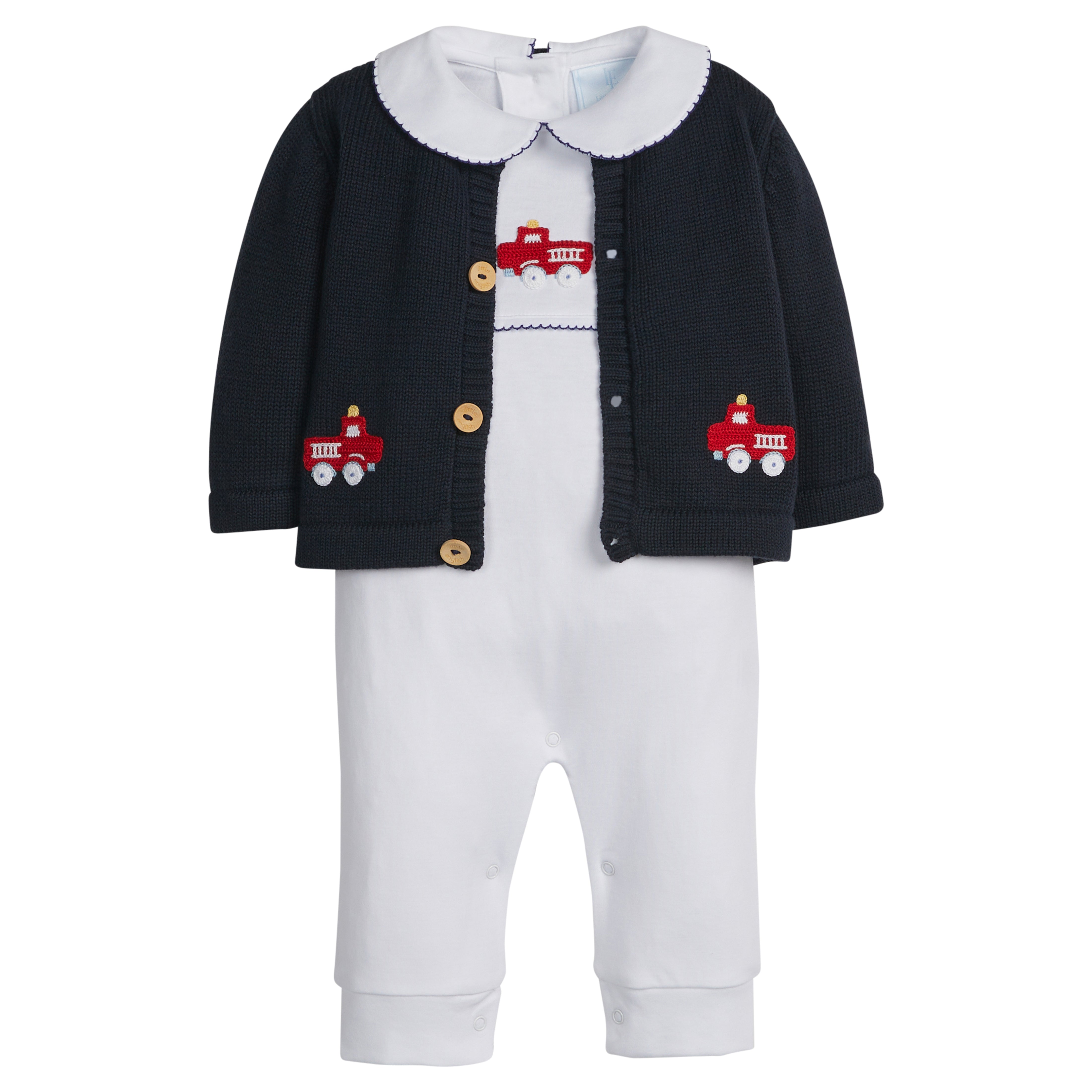 little english classic children's clothing boys white playsuit with red crochet firetruck and navy picot trim 