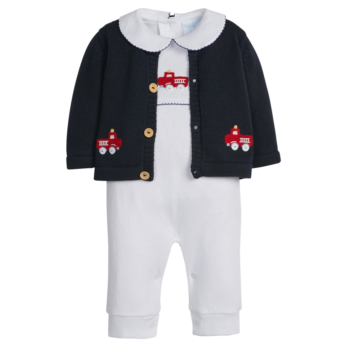 little english classic children's clothing boys white playsuit with red crochet firetruck and navy picot trim 