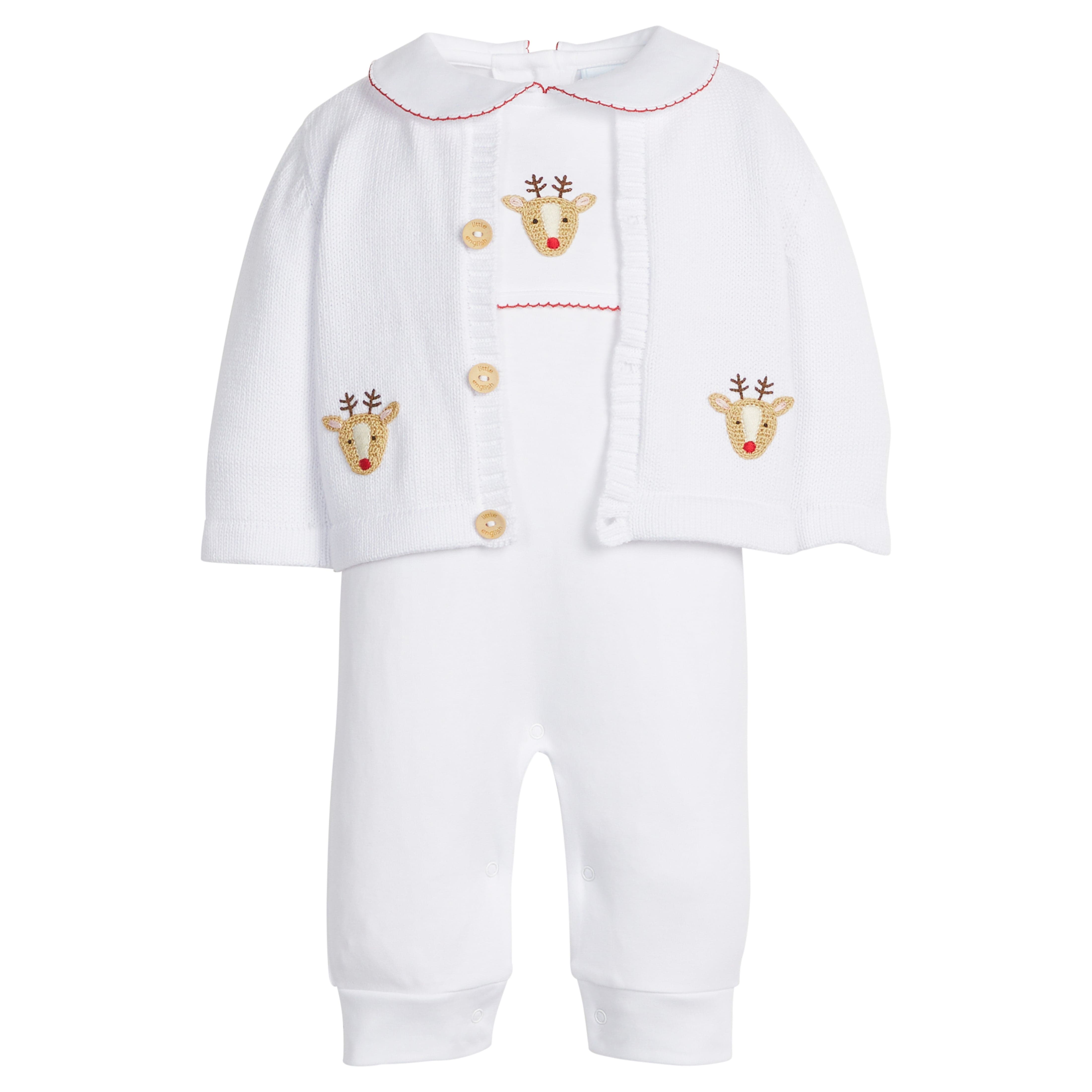 Little English classic baby clothing, signature pima cotton crochet playsuit with reindeer for boy and girl holiday
