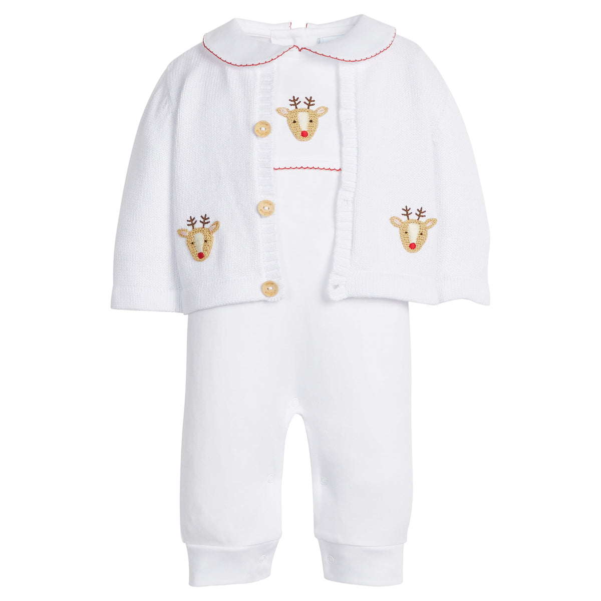 Little English classic baby clothing, signature pima cotton crochet playsuit with reindeer for boy and girl holiday