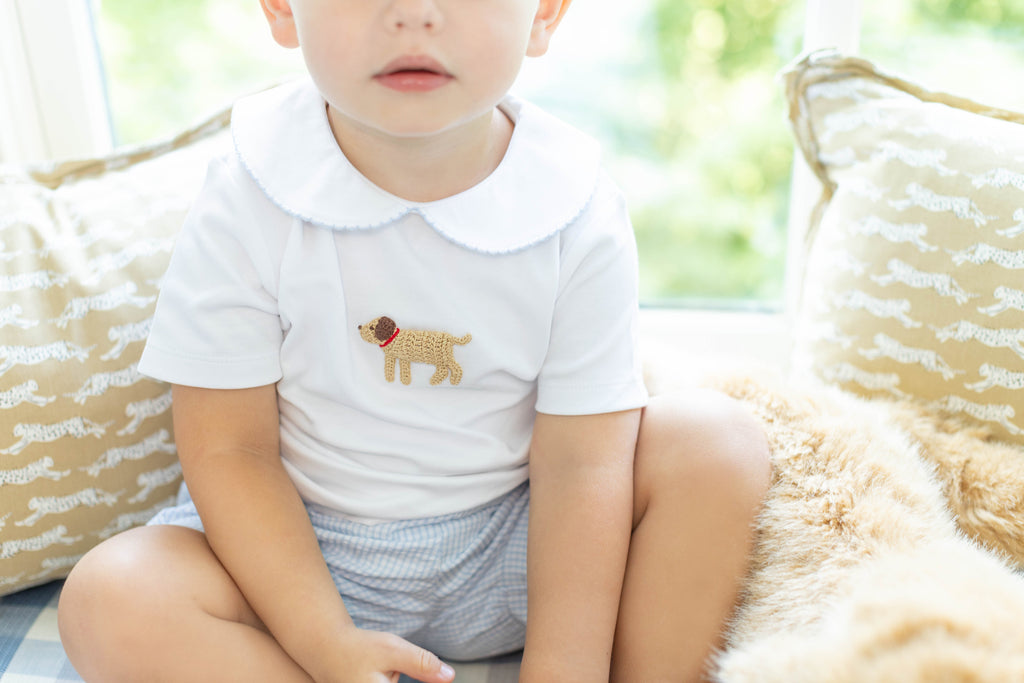 Little English traditional children's clothing.  Toddler boy's white knit peter pan shirt with dog crochet for Spring.  Gift clothing for toddler boy