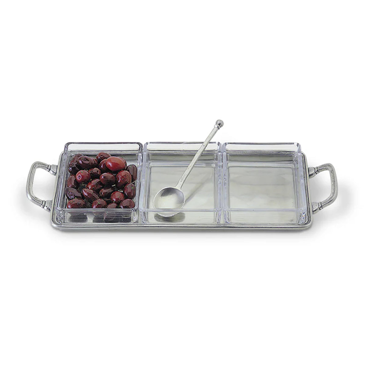 Front view of Crudite Tray with Handles and Crystal Inserts showcasing three crystal inserts and side handles on white