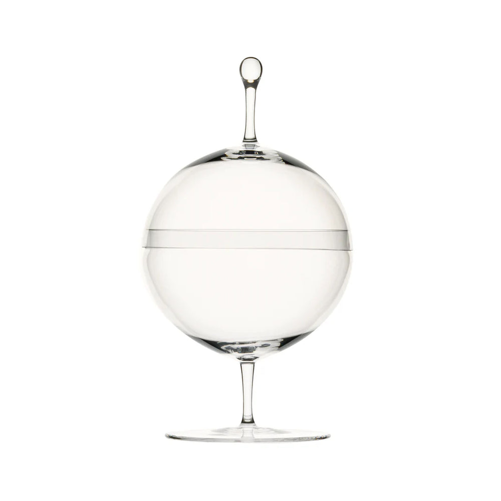 Front view of Crystal Candy Dish I showing clear hand-blown globe with removable lid, slender stem and round finial on white background