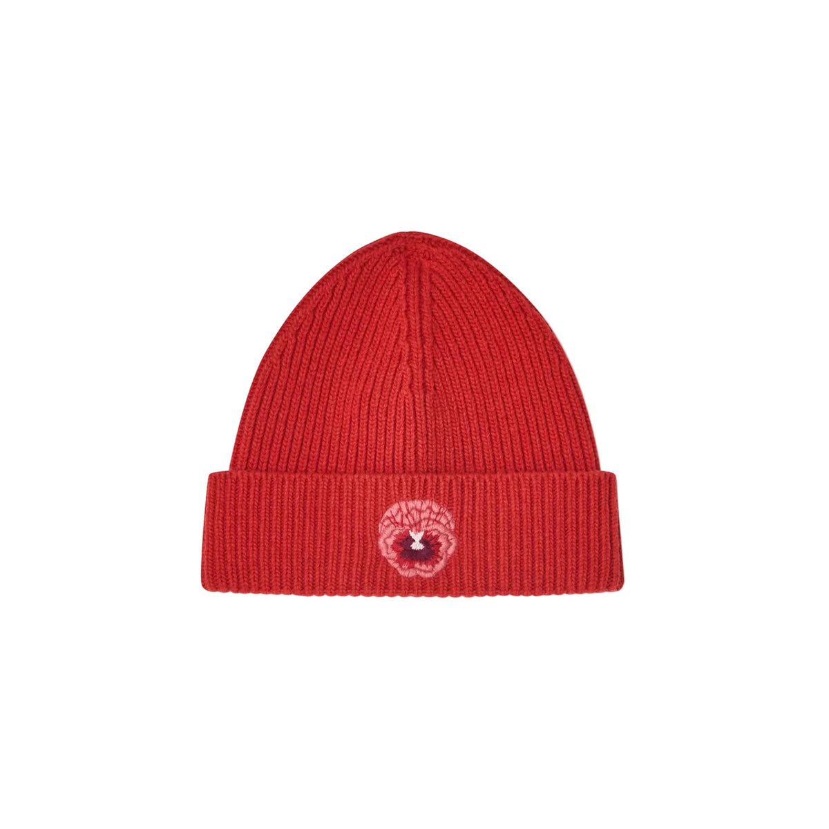 Front view of WN x Markarian red wool beanie showcasing folded cuff and embroidered signature flower on white background