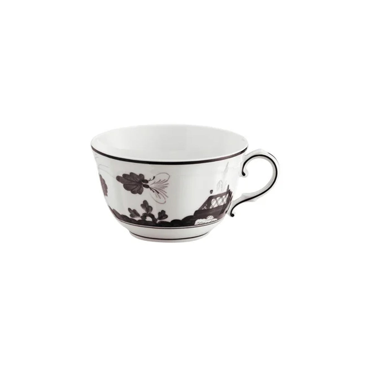 Front view of Oriente Italiano tea cup in Albus porcelain with black floral motif and scroll handle on white background