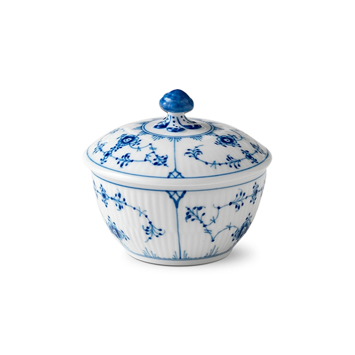 Front view of Blue Fluted Plain Sugar Bowl and Cover showcasing blue floral porcelain pattern with white background