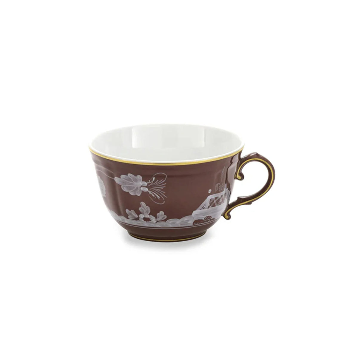 Front view of Oriente Italiano Antico Doccia tea cup in Castagna with floral motifs and gold-plated rim on white background