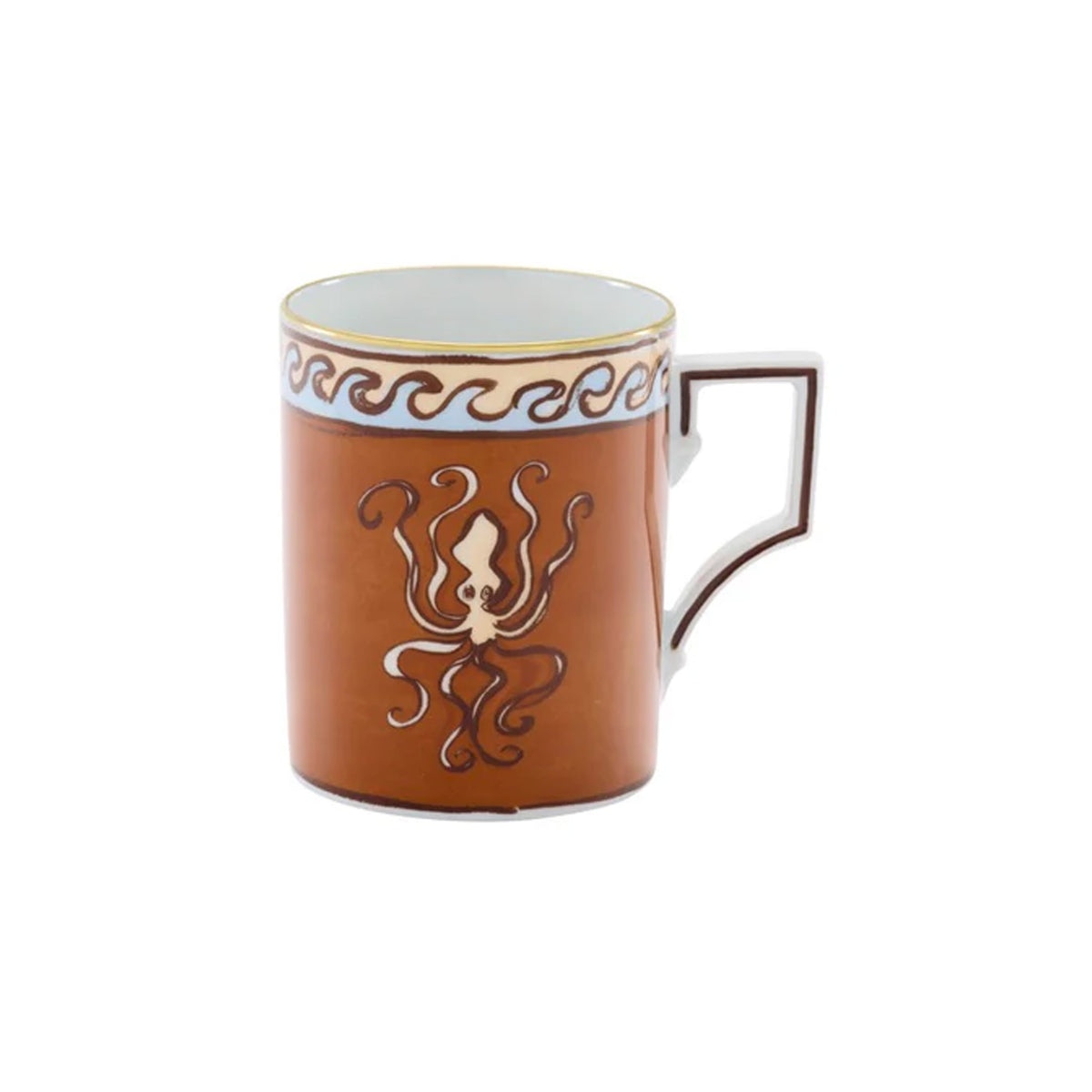 Front view of Ill Viaggio Di Nettuno Luna mug with brown octopus motif, light blue and gold rim, and squared handle on white background