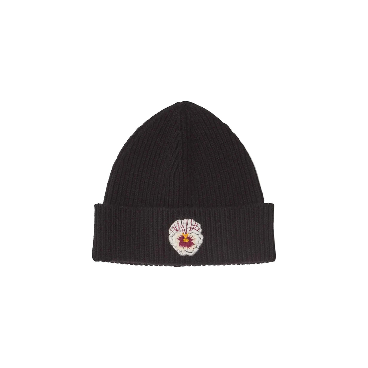 Front view of WN x Markarian black ribbed wool beanie showcasing embroidered floral motif on folded cuff with white background