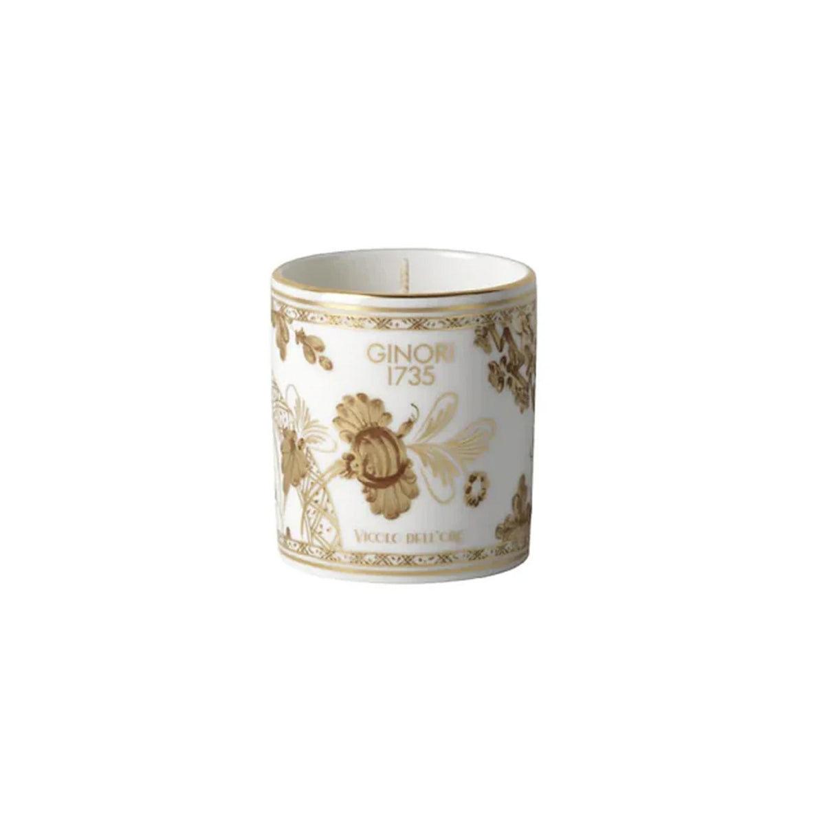 Front view of Oriente Italiano Scented Candle in Aurum showcasing a fine white porcelain vessel with gold floral decoration on a white background