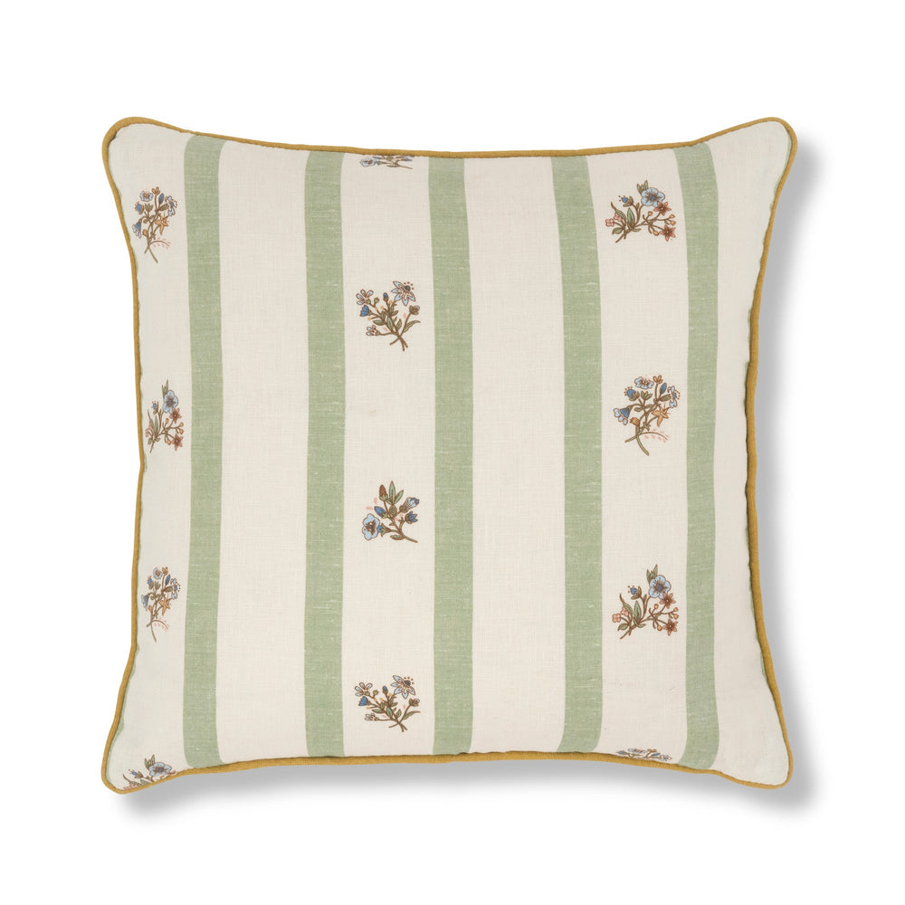 Flax & Field Posy Stripe Eucalyptus Cushion with Ochre Trim