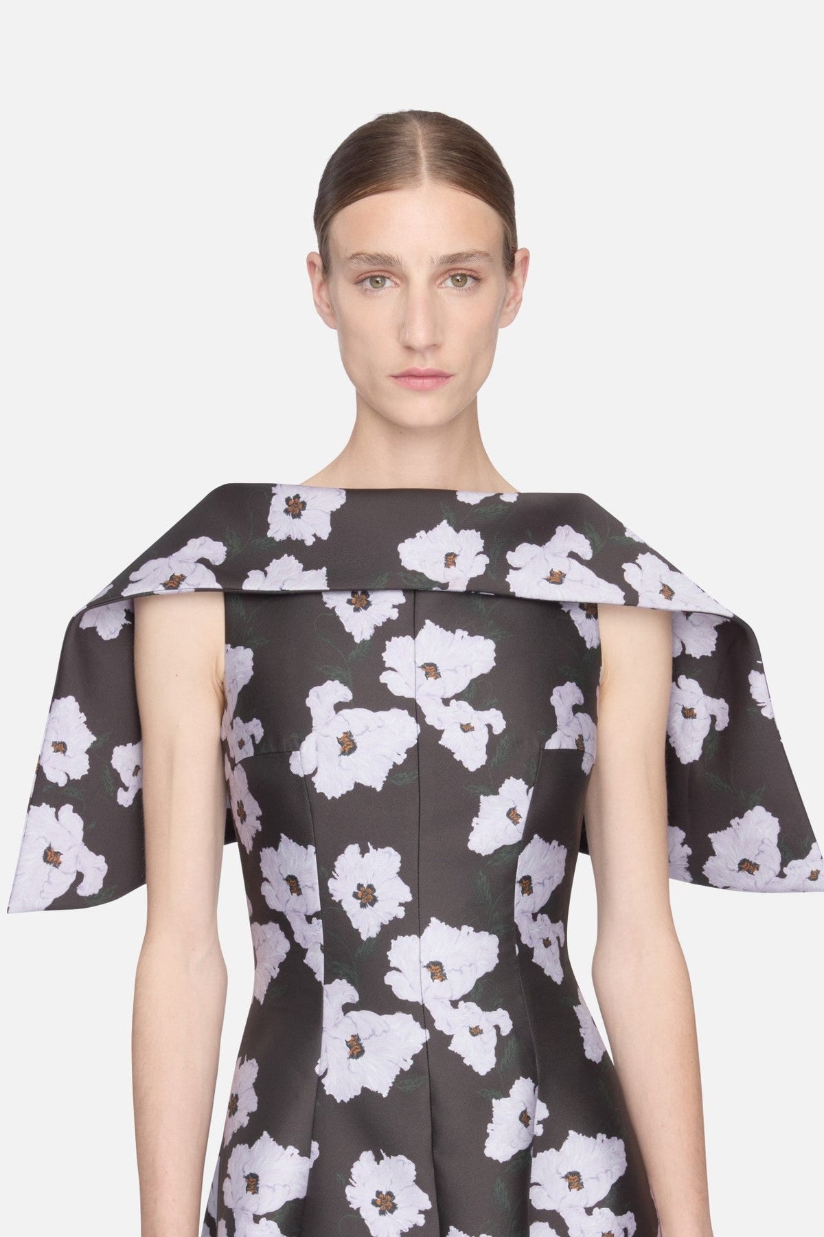 Cyralisse Dress in Chocolate & Lilac Breezy Poppy Mikado