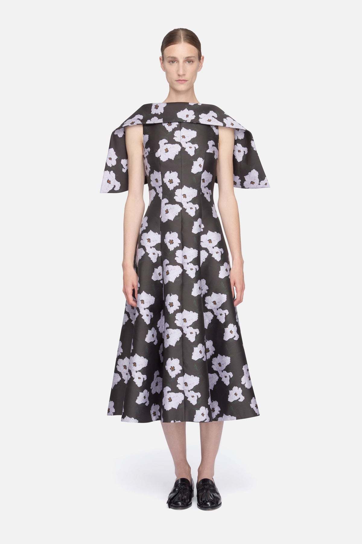 Cyralisse Dress in Chocolate & Lilac Breezy Poppy Mikado