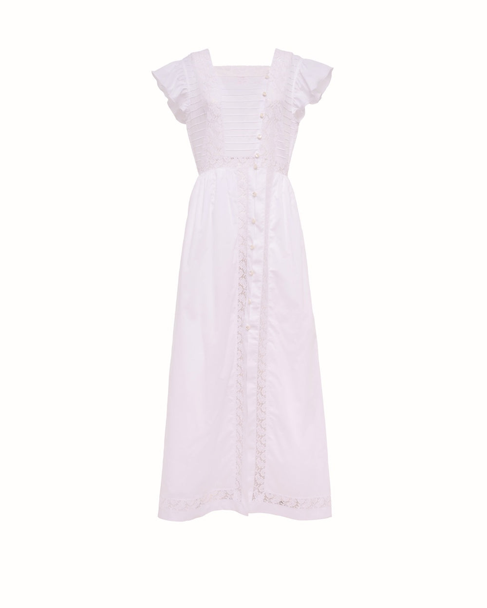 Front view of Numana dress in optical muslin with square neckline, cap ruffle sleeves, button front and lace trim on white