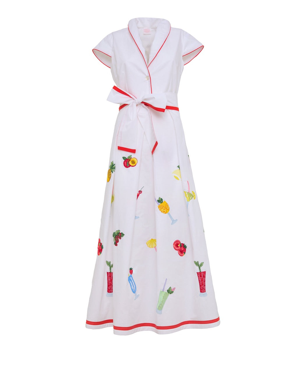 Front view of Giardino Dress with red-piped collar and waist tie, embroidered fruit-and-cocktail print on white background