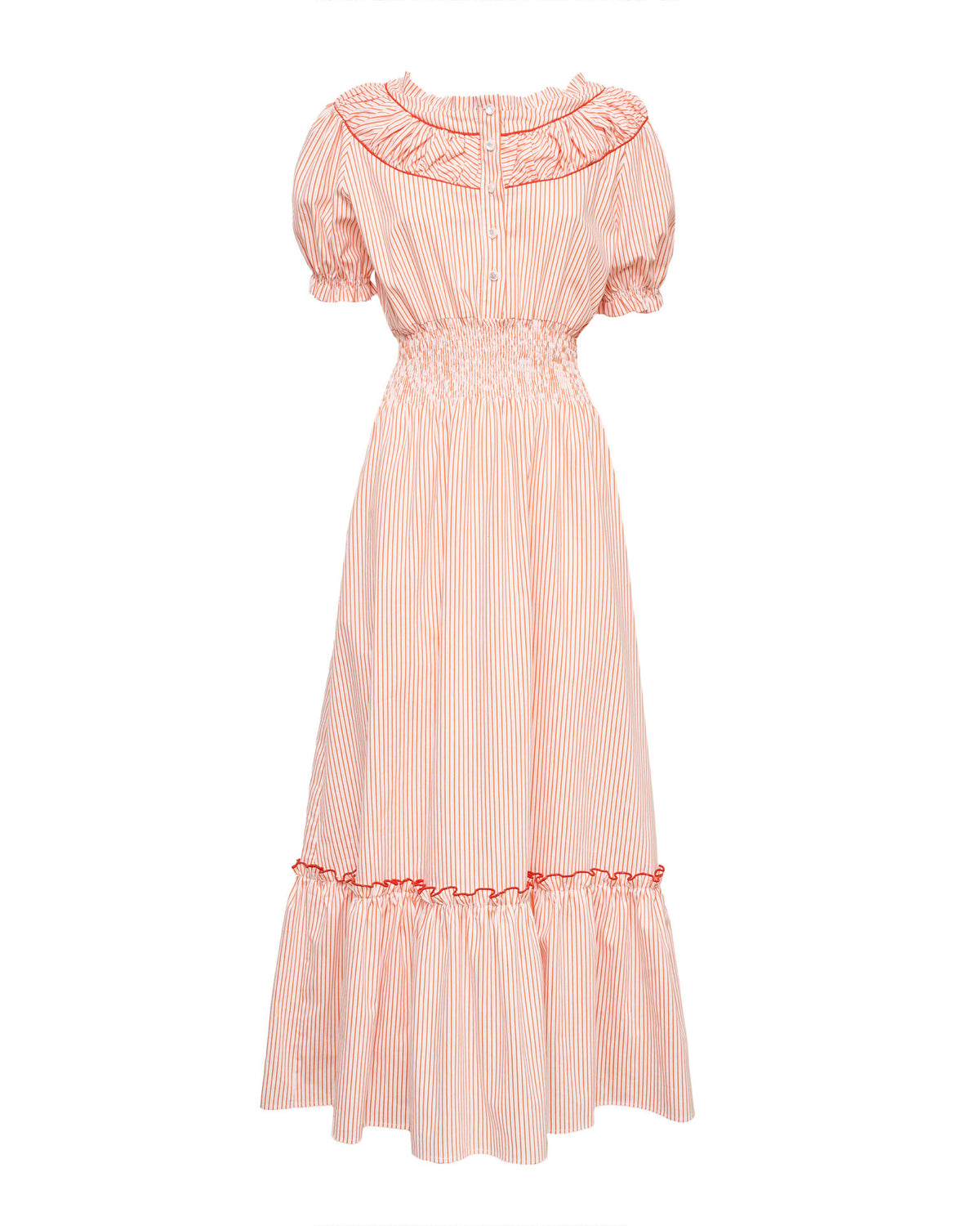 Front view of Dalia Maxi Dress in Sunset Stripe showcasing smocked waist, short puff sleeves, ruffled collar, buttoned bodice on white background