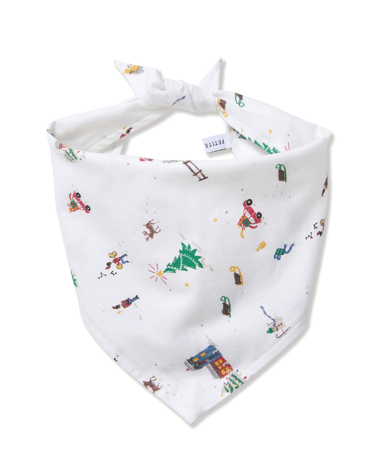 Angled view of Dog Twill Bandana in Holiday Town showcasing white cotton fabric and festive holiday village pattern on a white background