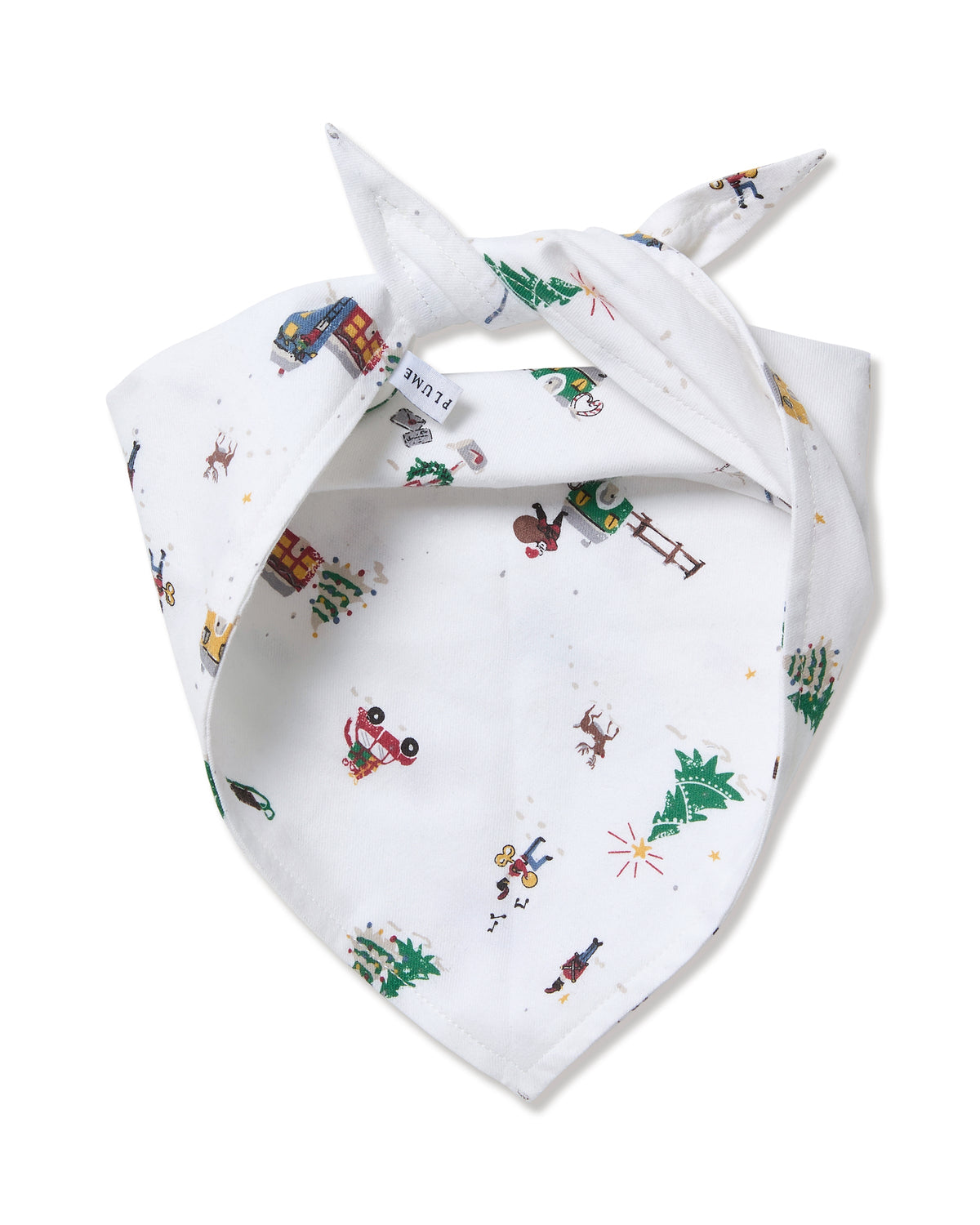 Front view of Dog Twill Bandana in Holiday Town showcasing white cotton fabric and festive village print with white background