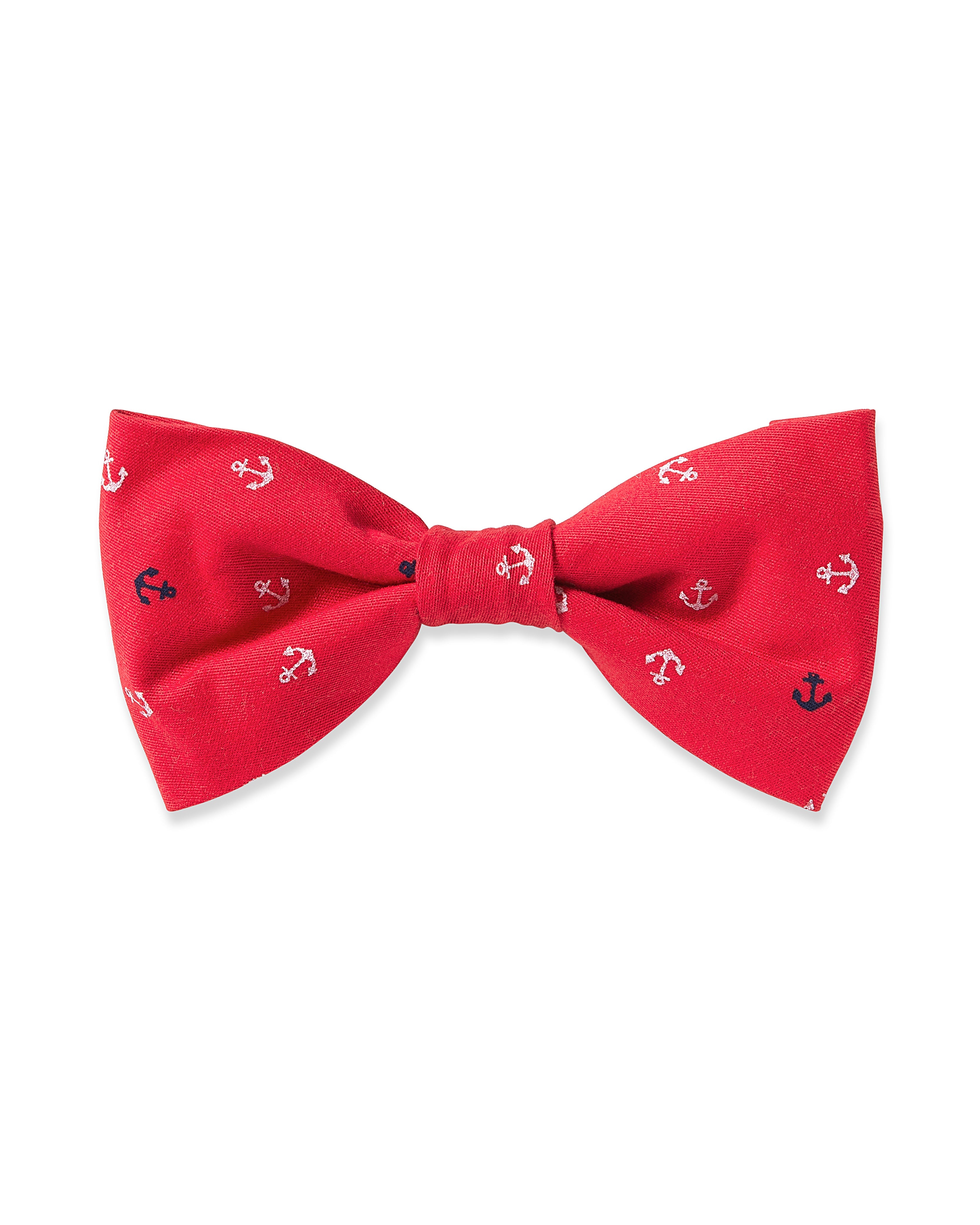 The Petite Plume Dog Twill Bow Tie in Anchors Away features charming red fabric with small white and navy blue anchors, making it perfect for coordinating with your dogs accessories.