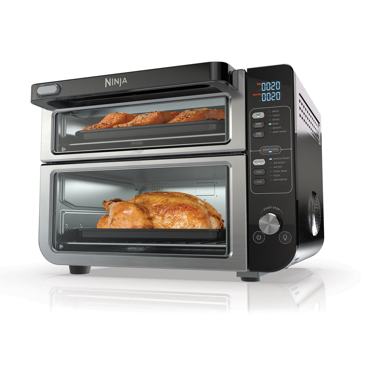 Front view of Ninja 12-in-1 double oven with FlexDoor showing two cooking chambers, digital control panel, and stainless steel finish on white background
