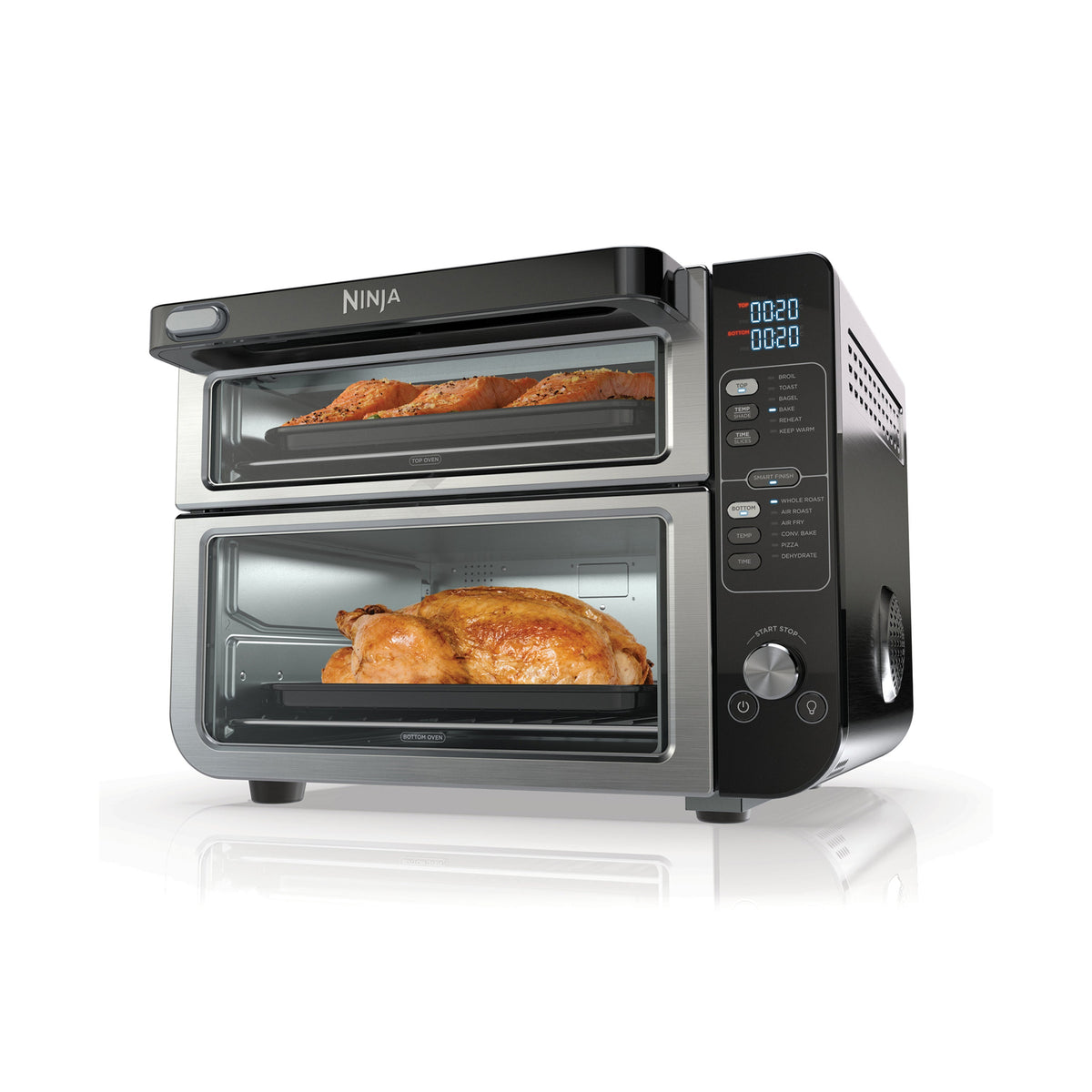 Three-quarter view of Ninja 12-in-1 double oven with FlexDoor and digital controls showing roast chicken and salmon on white
