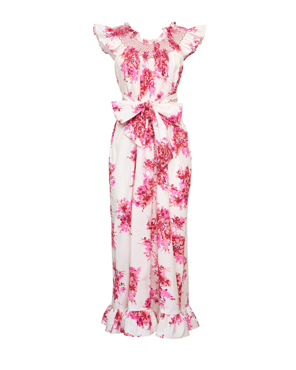 Front view of Delfina dress in Cloud Bouquet with smocked ruffle collar, tied waist sash, pink floral print on white