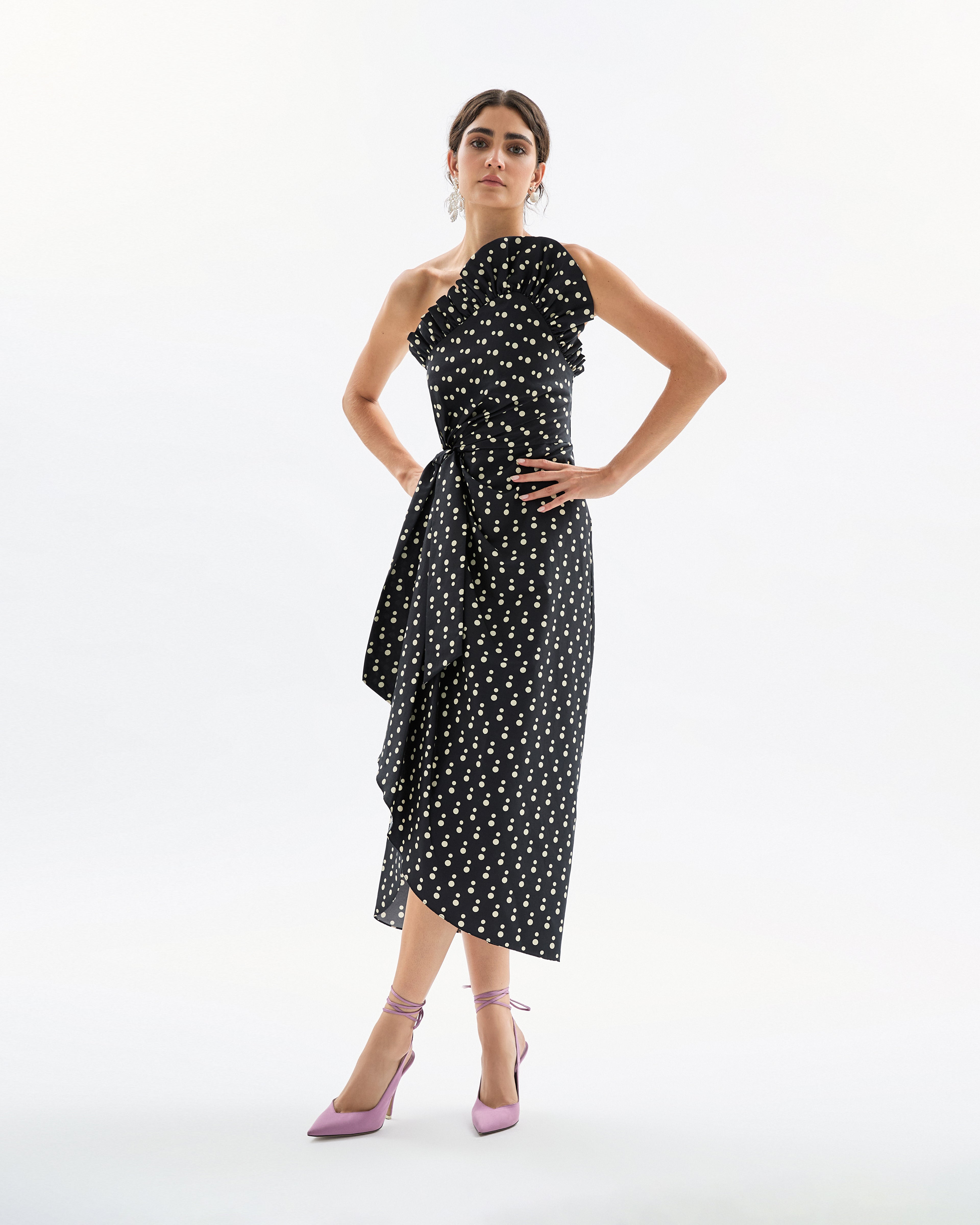 Charlotte Polka Dot Dress in Noir & Ivory Multi | Over The Moon