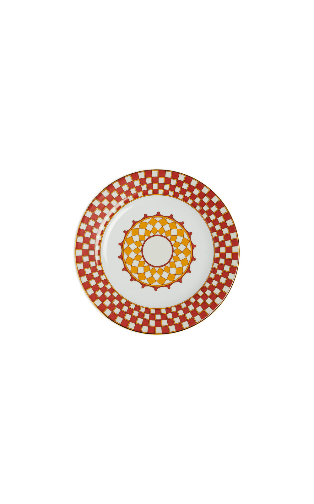 Front view of Dessert Plates in Apollo Mattone, Set of 2 showcasing red and orange Apollo print with 18K gold trim on a white background
