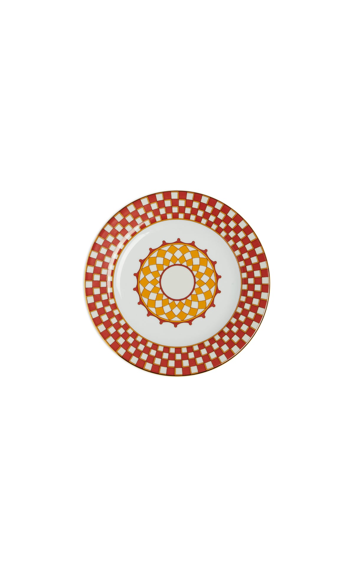 Front view of Dessert Plates in Apollo Mattone, Set of 2 showcasing red and orange Apollo print with 18K gold trim on a white background