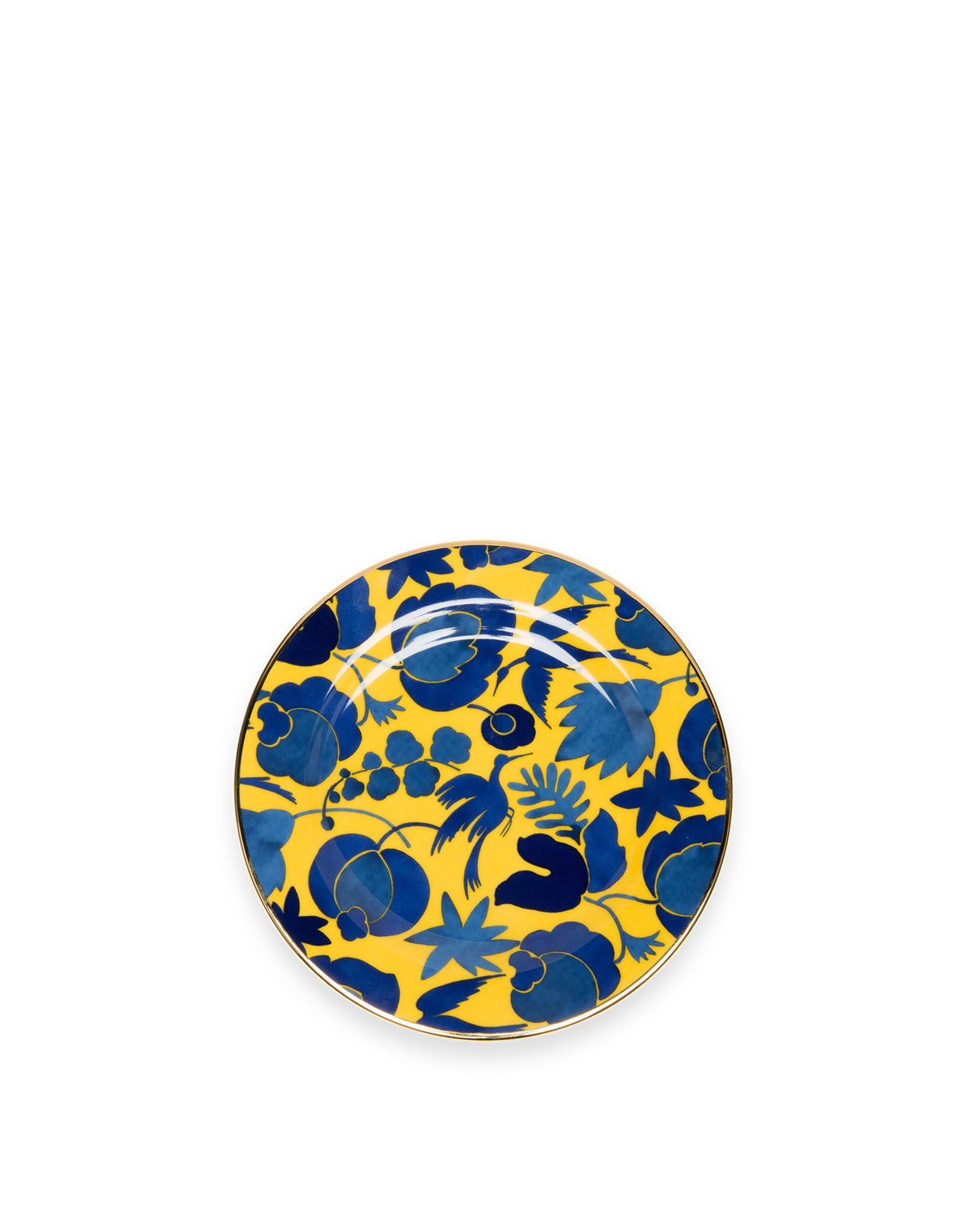 Front view of a Wildbird Light Blue dessert plate showcasing a vintage print and hand-painted 18K gold trim on white