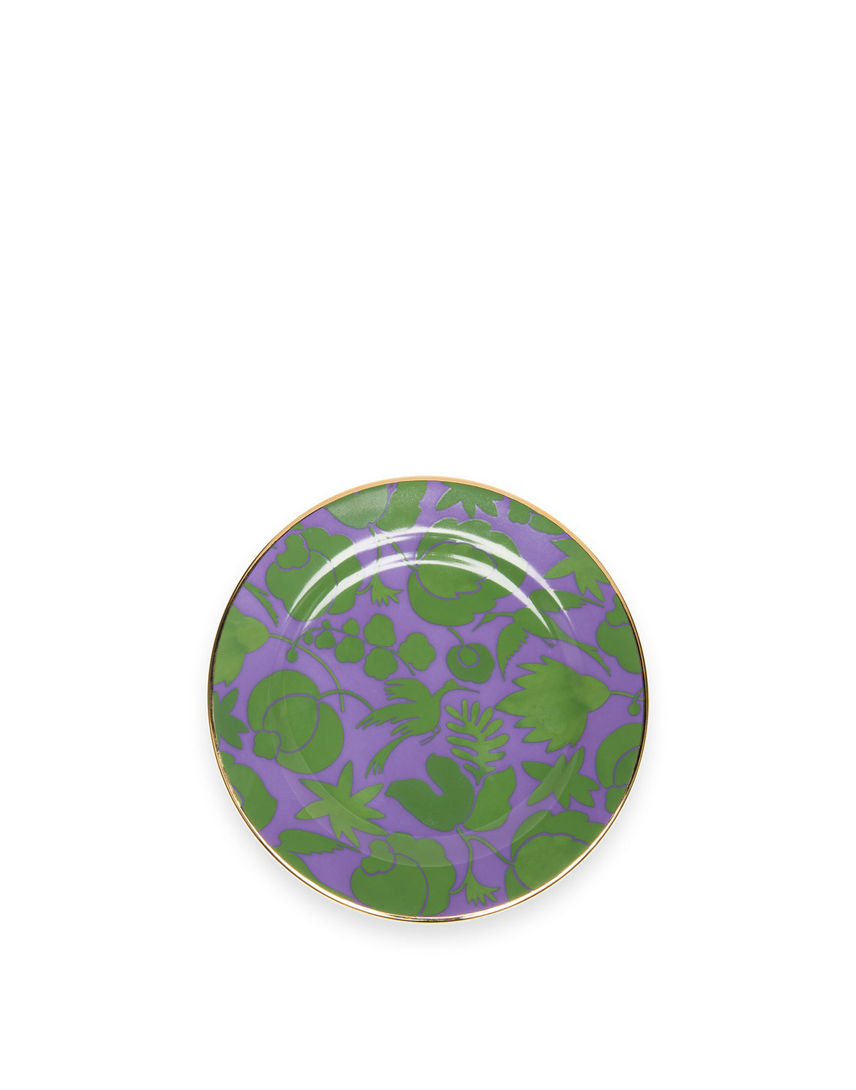 Top view of Wildbird Lilla/Verde dessert plates, set of 2, with hand-painted print and 18K gold trim on white