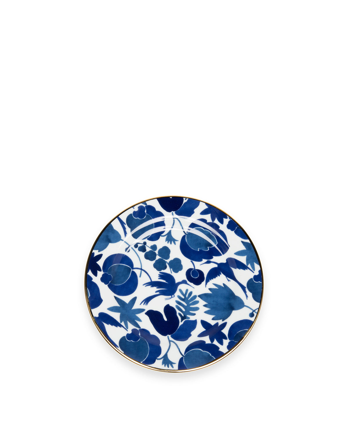 Front view of Wildbird Blue dessert plate set showcasing floral print and 18K gold trim on white background