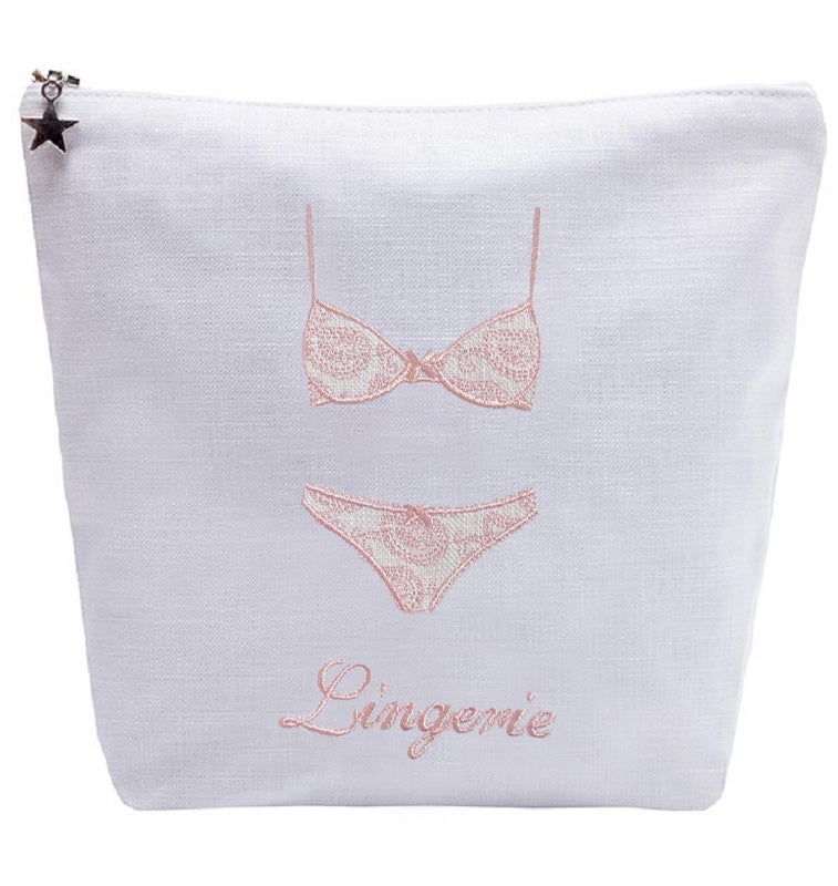 Lingerie Bag in White Linen & Cotton Embroidered