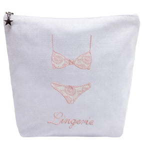 Lingerie Bag in White Linen & Cotton Embroidered