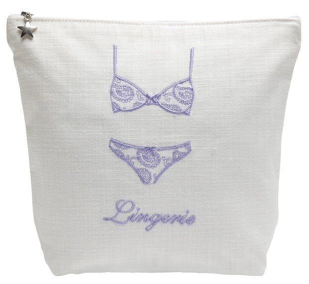 Lingerie Bag in White Linen & Cotton Embroidered