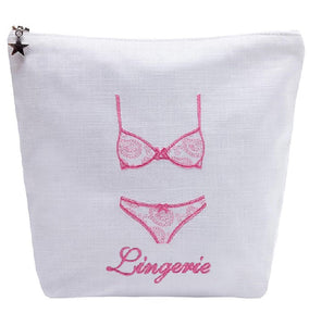 Lingerie Bag in White Linen & Cotton Embroidered