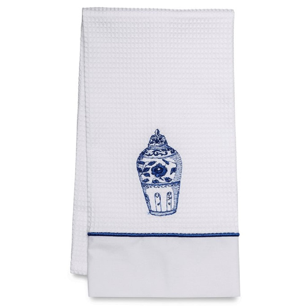 Guest Towel in White Waffle Weave, Satin Stitch & Embroidered