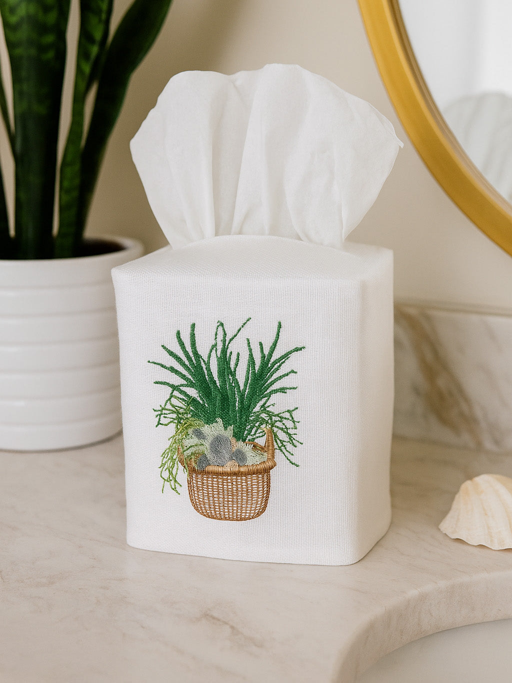 Tissue Box Cover in Seagrass & Seashells Basket