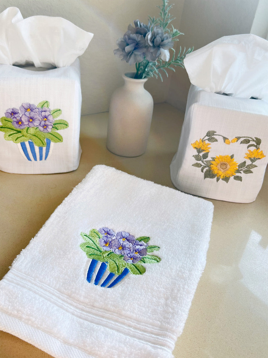Tissue Box Cover in Pot of Pansies