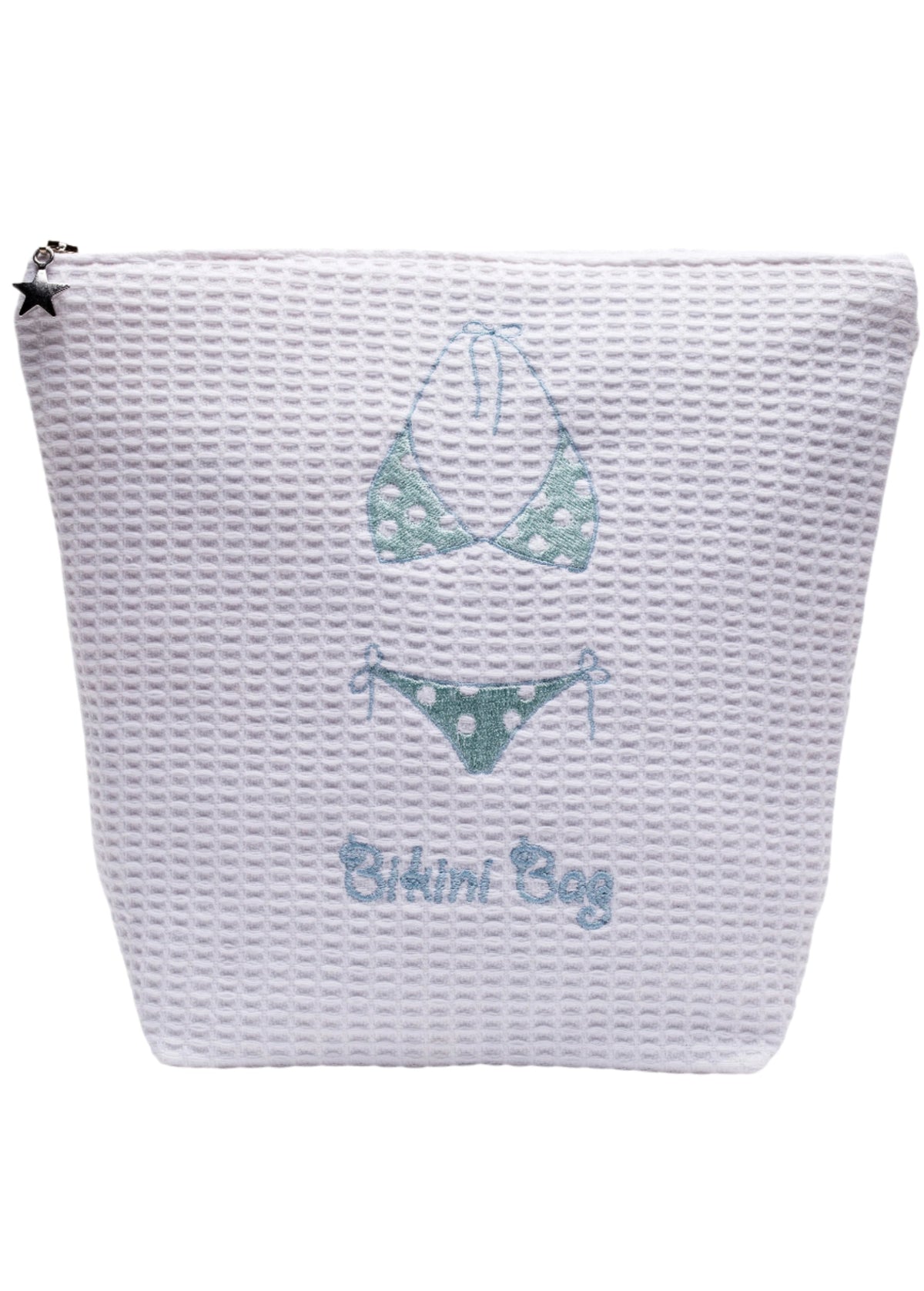 White woven pouch with blue bikini illustrations and 'Bikini Bag' text on a white background