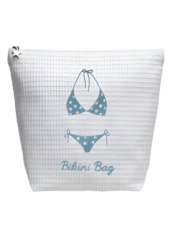 White textured pouch with blue bikini illustration and 'Bikini Bag' text on a white background