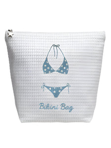 White textured pouch with blue bikini illustration and 'Bikini Bag' text on a white background