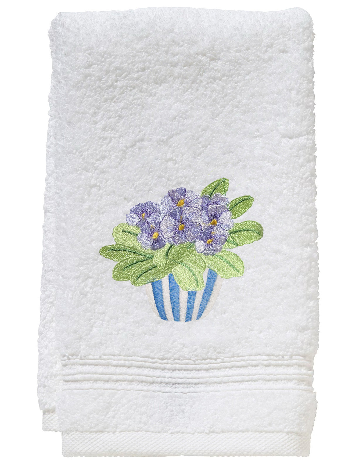 Folded white terry guest towel showing embroidered purple pansies in a blue-striped pot and dobby trim