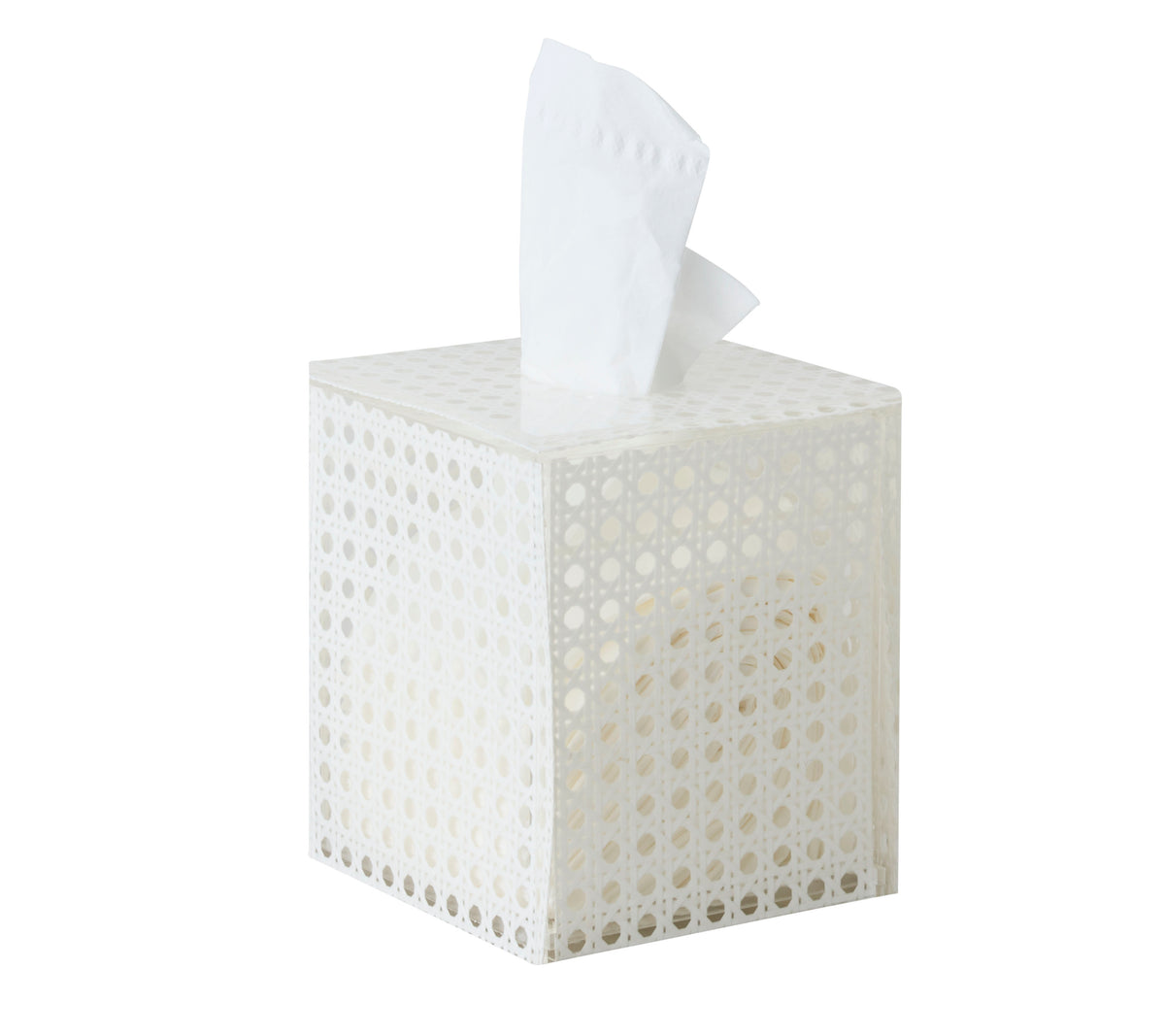 Front three-quarter view of Reed Tissue Box in White showcasing white wicker cane design and tissues with a white background